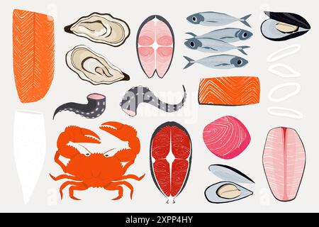 Dessins animés de fruits de mer. Poissons et crustacés de mer dessinés à la main, griffonner les moules à huîtres de crabe de calmars de poulpe pour le menu du restaurant. Ensemble isolé de vecteur Illustration de Vecteur