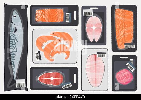 Emballage de fruits de mer congelés. Sacs sous vide de plateaux en plastique de dessin animé avec poulpe de calmar de crevettes de poisson, produits de stockage d'épicerie de supermarché avec film de polyéthylène Illustration de Vecteur