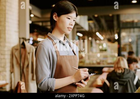 Prendre des notes dans un restaurant avec une expression sérieuse Banque D'Images