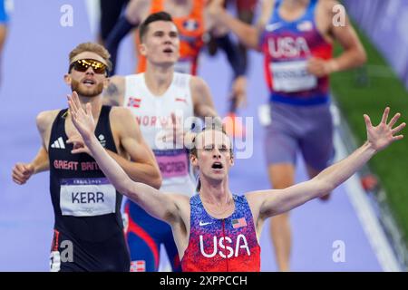 Paris, France. 06 août 2024. PARIS, FRANCE - 6 AOÛT : Cole Hocker des États-Unis célébrant après avoir participé à la finale du 1500m masculin lors du jour 11 d'Athlétisme - Jeux Olympiques Paris 2024 au stade de France le 6 août 2024 à Paris, France. (Photo de Joris Verwijst/Agence BSR) crédit : Agence BSR/Alamy Live News Banque D'Images