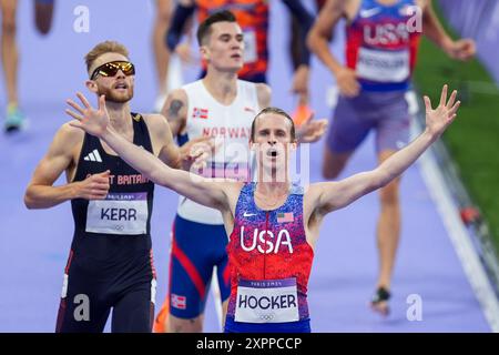 Paris, France. 06 août 2024. PARIS, FRANCE - 6 AOÛT : Cole Hocker des États-Unis célébrant après avoir participé à la finale du 1500m masculin lors du jour 11 d'Athlétisme - Jeux Olympiques Paris 2024 au stade de France le 6 août 2024 à Paris, France. (Photo de Joris Verwijst/Agence BSR) crédit : Agence BSR/Alamy Live News Banque D'Images