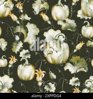 Motif aquarelle peint à la main avec motif citrouille fantaisiste. Fond botanique sans couture avec des gourdes, des feuilles et des vignes. Banque D'Images