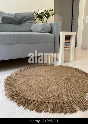 Un intérieur confortable avec un tapis de jute texturé associé à un élégant canapé bleu, créant une atmosphère chaleureuse et accueillante dans l'espace de vie. Banque D'Images