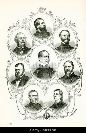 Les images montrées ici sont des portraits des principaux commandants de la marine pendant la guerre de Sécession. Ce sont, de gauche à droite, de haut en bas : porter, Dupont, Dahlgen, Farragut, Goldsborough, Winslow, Foote, Cushing. Banque D'Images