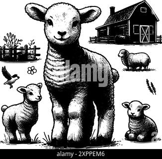 Dessin en noir et blanc d'une scène de ferme avec un mouton debout au premier plan. Le mouton est entouré d'autres moutons et d'un oiseau. La scène est paisible et sereine, car elle représente une scène rurale simple Illustration de Vecteur