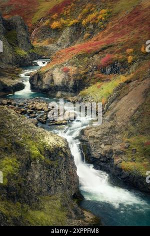 Petite rivière dans une gorge entourée de belles couleurs d'automne, en Islande, joyau caché Banque D'Images