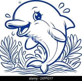 Un dauphin de dessin animé nage dans l'océan avec sa bouche ouverte. Le dauphin sourit et il est heureux Illustration de Vecteur