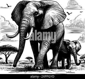 Un grand éléphant marche avec un bébé éléphant. La scène se déroule dans un champ herbeux avec un arbre en arrière-plan Illustration de Vecteur