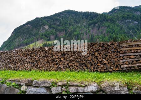 Bûches fendues empilées. Pile de bûches prêtes pour l'hiver. Souches de bois, bois de chauffage, empilés dans un beau paysage de montagne. Hohe Tauern. Grossglockner Nation Banque D'Images