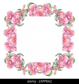 Clipart aquarelle rose camélia avec des fleurs vibrantes créant une bordure complète autour d'un cadre carré blanc. Convient pour les invitations de mariage, les graphiques de médias sociaux et les impressions encadrées Banque D'Images