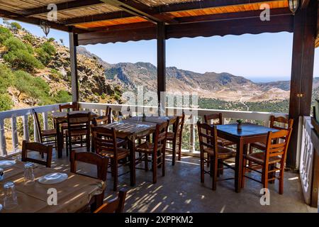 Balcon de la taverne à Balkóni tou Emboriou à Emborió avec vue sur la caldeira sur l'île de Nissyros (Nisyros, Nissiros, Nisiros) en Grèce Banque D'Images