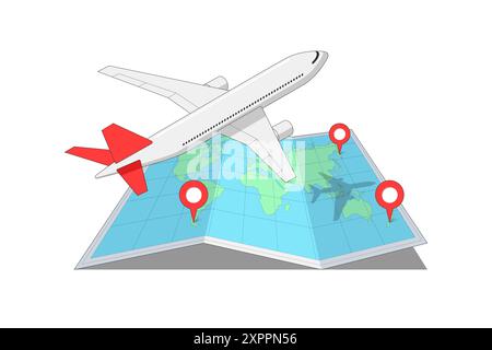 Avion de passagers volant d'un endroit à un autre épingle de destination au-dessus de la carte du monde pliée. Concept de signes isométriques pour les voyages aériens et les vols long-courriers. Voyage touristique en avion icône eps isolée Illustration de Vecteur