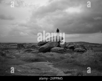 CARN BREA BALAYÉ DES LANDES BALAYÉES PAR LE VENT AVEC UN PAYSAGE NUAGEUX SPECTACULAIRE ET DES ROCHERS REDRUTH CORNWALL Banque D'Images