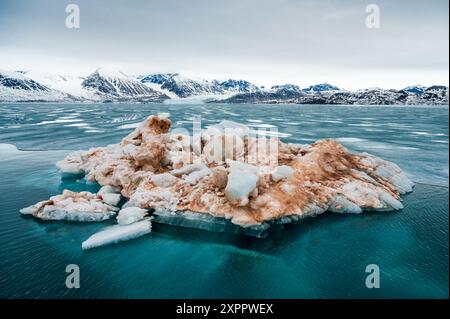 Floes de glace et montagnes enneigées dans l'Isfjord du Spitzberg, Svalbard, Norvège, Arctique Banque D'Images
