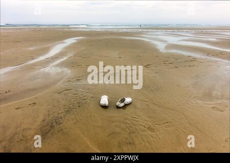 perdu vieilles chaussures couchées seules dans l'eau sur la plage, trouvées et laissées Banque D'Images