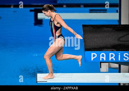 Paris, France. 07 août 2024. Elena Bertocchi, italienne, participe au plongeon 3m Springboard Women préliminaire aux Jeux Olympiques de Paris 2024 au Centre aquatique de Paris (France), le 07 août 2024. Crédit : Insidefoto di andrea staccioli/Alamy Live News Banque D'Images