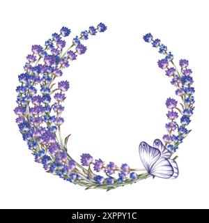 Lavande. Une couronne de lavande avec un papillon. Un cadre rond fait de fleurs violettes. Une illustration aquarelle faite à la main. Mettez-le en surbrillance. Un elemen Banque D'Images