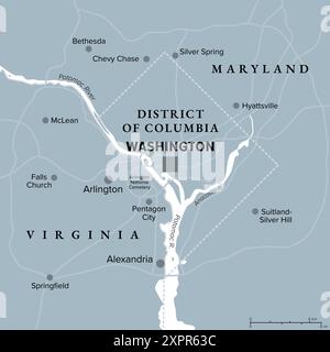 Washington, DC, carte politique grise. District de Columbia, capitale et district fédéral des États-Unis. Situé sur le fleuve Potomac. Banque D'Images