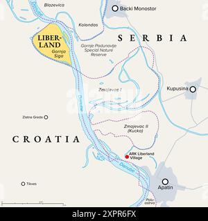 République libre du Liberland, carte politique, avec ARK Liberland Village près d'Apatin. Micronation en Europe revendiquant Gornja Siga inhabitée sur le Danube. Banque D'Images