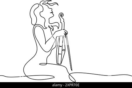 Femme violoniste reposant avec violon sur les genoux. Dessin continu sur une ligne Illustration de Vecteur