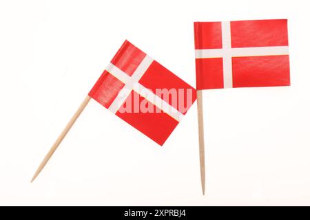 Petits drapeaux en papier du Danemark isolés sur blanc Banque D'Images