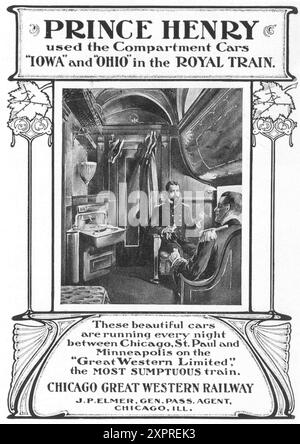 1901 Chicago Great Western Railway ad - 'Prince Henry Used Companies Cars ...in The Royal train.' Banque D'Images