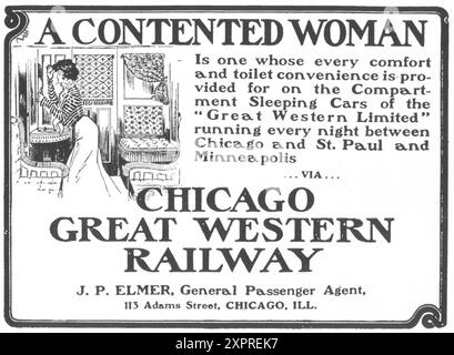 1901 Chicago Great Western Railway ad - 'Une femme contente ....Compartment voitures-lits' Banque D'Images