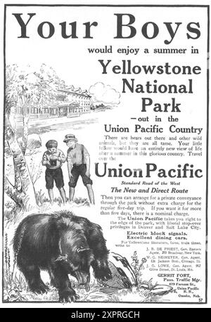 Annonce 1911 Union Pacific Railway - « vos garçons apprécieront l'été au parc de Yellowstone » Banque D'Images