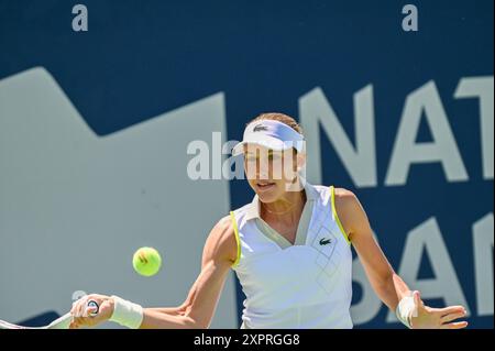 Toronto, Canada. 7 août 2024. La joueuse de tennis russe Erika Andreeva participe à l’Open WTA 1000 de la Banque nationale de Toronto. Christopher Child/EXimages crédit : EXImages/Alamy Live News Banque D'Images