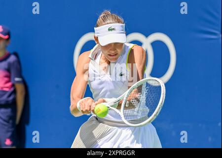 Toronto, Canada. 7 août 2024. La joueuse de tennis russe Erika Andreeva participe à l’Open WTA 1000 de la Banque nationale de Toronto. Christopher Child/EXimages crédit : EXImages/Alamy Live News Banque D'Images