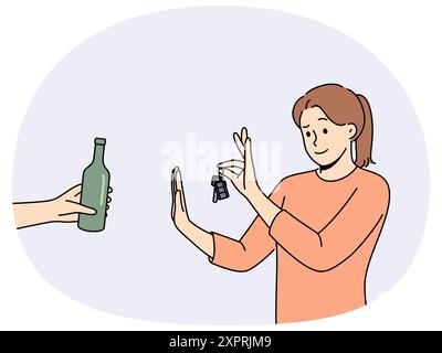 Femme conductrice refuse l'alcool et tient les clés de voiture debout près de la main humaine avec une bouteille de bière. Concept de sobriété et de sensibilisation du conducteur qui ne veut pas conduire après avoir bu de l'alcool Illustration de Vecteur