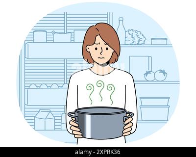 Frustrated woman housewife with pot of sour soup, feels bad smell from food spoiled due to violation of sanitary rules. Girl is standing in kitchen and holding stinking soup in bewilderment Stock Vector