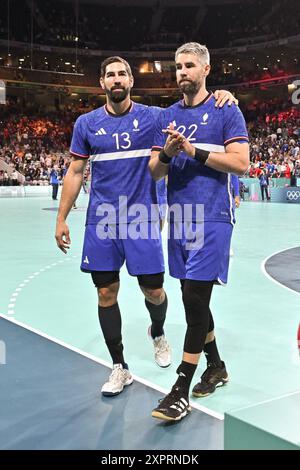 La France a laissé l'arrière Nikola Karabatic (13 ans) et le joueur de ligne Luka Karabatic (22 ans) lors du match de quart de finale masculin entre l'équipe d'Allemagne et l'équipe de France le jour 12 des Jeux Olympiques d'été de Paris 2024 au stade Pierre Mauroy le 7 août 2024 à Lille, France. Photo de Laurent Zabulon/ABACAPRESS. COM Banque D'Images