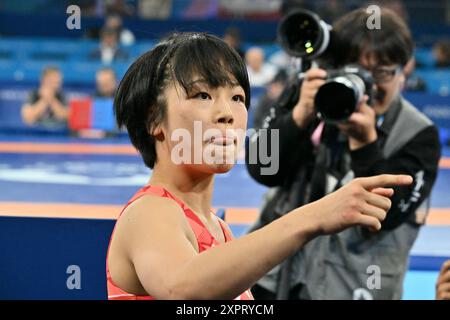 Fujimani Akari, Japon (JPN) vs PANG Qinyu (CHN), WFS 53kg demi-finale Wrestling au champ-de-mars Arena, lors des Jeux Olympiques de Paris 2024, 07 août 2024, Paris, France. Crédit : Enrico Calderoni/AFLO SPORT/Alamy Live News Banque D'Images