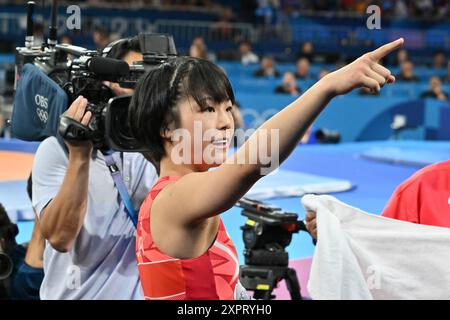 Fujimani Akari, Japon (JPN) vs PANG Qinyu (CHN), WFS 53kg demi-finale Wrestling au champ-de-mars Arena, lors des Jeux Olympiques de Paris 2024, 07 août 2024, Paris, France. Crédit : Enrico Calderoni/AFLO SPORT/Alamy Live News Banque D'Images