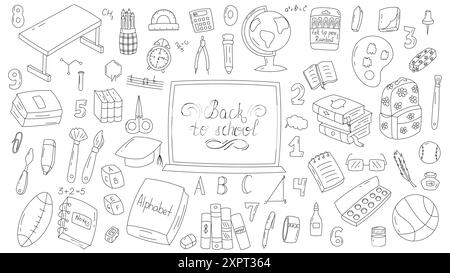 Collection d'éléments vectoriels de l'école. Collection de doodle vectoriel d'éléments d'école mignons pour enfants. Crayon, livres, sac, globe, papeterie, manuels scolaires et Illustration de Vecteur