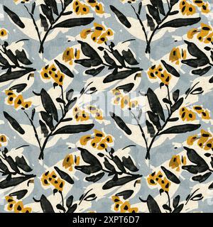 Motif imprimé fleuri sauvage moderne en tissu imprimé avec textures de tissu en lin. Fleurs sombres boho dessinées à la main stylisées pour les éléments de design décoratifs Banque D'Images
