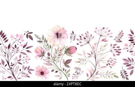 Fleurs de champ de bordure sans couture. Illustration aquarelle de motif végétal sous forme de fleurs, de bourgeons, de feuilles et d'aneth. L'illustration est dessinée à la main, adaptée aux cartes postales, à la broderie, au clipart, aux textiles et au décor, emballage et papier de rebut. Banque D'Images