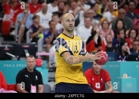 Paris, France. 07 août 2024. Lukas SANDELL (Suède), Handball, quart de finale masculin entre le Danemark et la Suède lors des Jeux Olympiques de Paris 2024 le 7 août 2024 au stade Pierre Mauroy de Villeneuve-d'Ascq près de Lille, France - photo Laurent Sanson/Panoramic/DPPI Media Credit : DPPI Media/Alamy Live News Banque D'Images