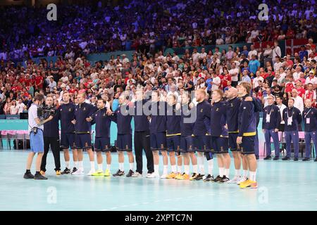 Paris, France. 07 août 2024. Équipe de Suède, Handball, quart de finale masculin entre le Danemark et la Suède lors des Jeux Olympiques de Paris 2024 le 7 août 2024 au stade Pierre Mauroy de Villeneuve-d'Ascq près de Lille, France - photo Laurent Sanson/Panoramic/DPPI Media Credit : DPPI Media/Alamy Live News Banque D'Images