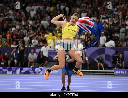 Paris, France. 7 août 2024. L'australienne Nina Kennedy célèbre sa victoire en finale féminine d'athlétisme aux Jeux Olympiques de Paris 2024 à Paris, France, le 7 août 2024. Crédit : Song Yanhua/Xinhua/Alamy Live News Banque D'Images