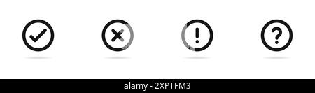 Icône vectorielle ensemble de coche, point d'exclamation, question, croix dans un cercle. Ensemble de signes de ponctuation. Un simple ensemble de signes d'attention. Vecteur Illustration de Vecteur
