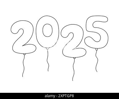 2025 ballons numéros gribouilles. Esquissez les ballons d'hélium sur fond blanc. Illustration vectorielle noir et blanc. 2025 numéros amusants dessinés à la main Illustration de Vecteur