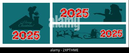 Ensemble de cartes postales avec silhouette de Père Noël. Silhouette de Père Noël volant dans son traîneau. Dessin de main d'élément de Noël. Pas ai, illustrations vectorielles Illustration de Vecteur