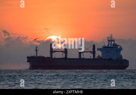 Traversant le lever du soleil, un cargo approche des routes dans le port de Galveston, Galveston, Texas, États-Unis. Banque D'Images