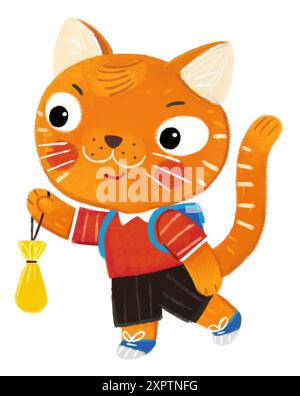 scène de dessin animé avec un jeune élève de chat de l'école ou de l'enfant de maternelle s'amusant à jouer à faire quelque chose d'illustration pour les enfants Banque D'Images