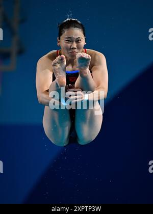 Saint Denis. 7 août 2024. Le Japonais Enomoto Haruka participe à la pré-plongeon de 3m de tremplin féminin aux Jeux Olympiques de Paris 2024 à Saint-Denis, France, le 7 août 2024. Crédit : Wang Peng/Xinhua/Alamy Live News Banque D'Images