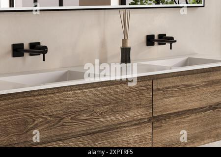 Gros plan de double vasque avec des miroirs debout sur le mur gris, armoire en bois avec robinets dans la salle de bains minimaliste Banque D'Images