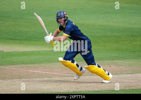 Southampton, Royaume-Uni. 07 août 2024. Joe Weatherley du Hampshire bat pendant le match de la Metro Bank One Day Cup entre le Hampshire et le Derbyshire à l'Utilita Bowl. Crédit : Dave Vokes/Alamy Live News Banque D'Images