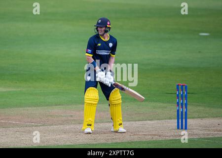 Southampton, Royaume-Uni. 07 août 2024. Nick Gubbins du Hampshire bat pendant le match de la Metro Bank One Day Cup entre le Hampshire et le Derbyshire à Utilita Bowl. Crédit : Dave Vokes/Alamy Live News Banque D'Images